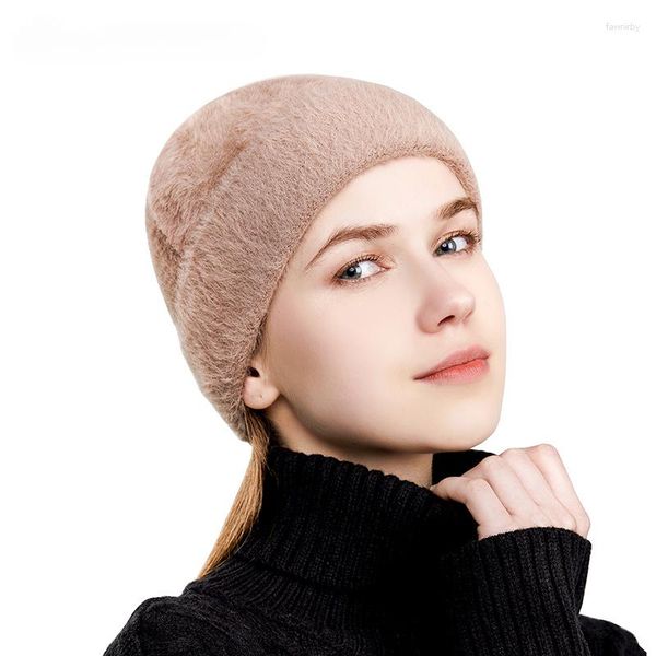 Bérets automne hiver femme cachemire mélange chapeau longue fourrure chaud doux laine tricoté chapeaux femmes Skullies bonnets en gros