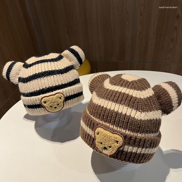 Bérets automne hiver enfants tricot rayures chapeaux mignon dessin animé ours oreilles bonnets pour enfants infantile enfant en bas âge épais chaud extérieur 2-6 ans