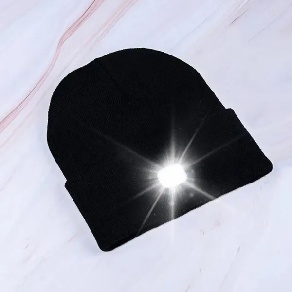 Boinas Otoño Invierno Sombrero de punto Sin borde con luz LED Cálido A prueba de viento Gorro elástico Camping Lámpara de cabeza Manos libres