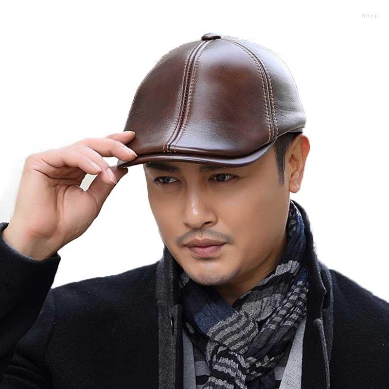 Berets Autumn Winter Men Cowhide Leather Sboy Caps Thick Warm Middle-Aged Elderly Duck Bill Hat Fashion Gastby Flat Ivy Cap