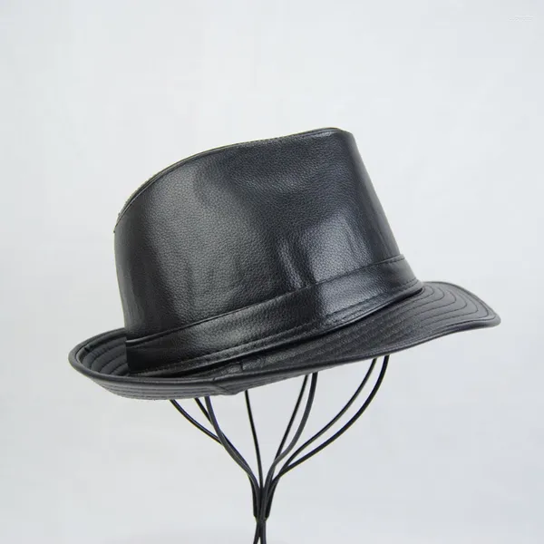 Boinas Otoño Invierno Cuero para hombres Big Brim Jazz Moda Caballero Piel Corta Negro Cadera Equipada Casual Mediana Edad Anciano Top Hat