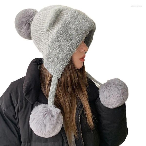 Bérets Automne Hiver Doux Chaud Laine Boule Femmes Pull Cap Protection De L'oreille Lei Feng Chapeau De Ski En Plein Air Agneau Polaire Tricoté Bomber