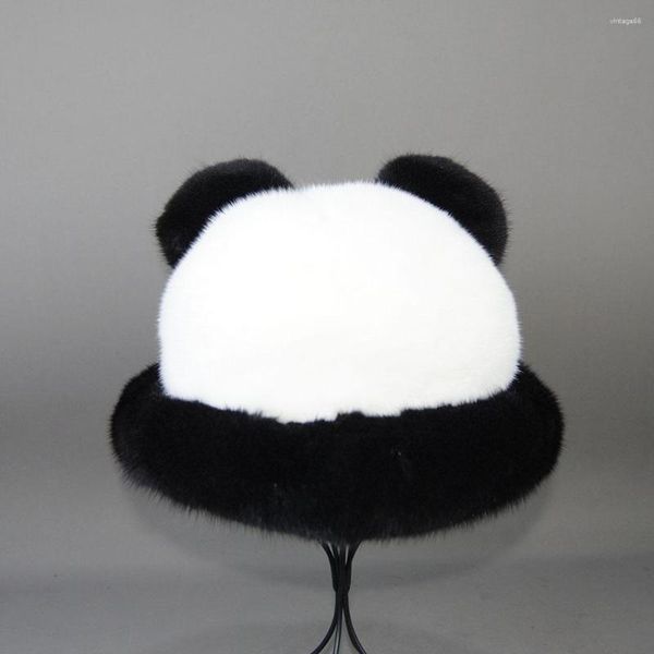 Bérets automne hiver femmes casquette chaude réel vison naturel haute qualité fourrure Panda chapeaux pour hommes avant-toit blocage neige Panama seau chapeau