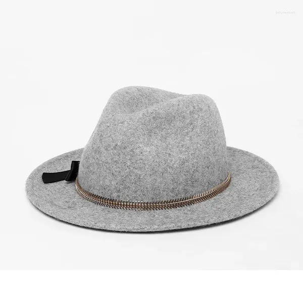 Bérets Automne Hiver Femmes Feodras Chapeau Femelle Fishbone Chaîne Bowknot Mode Laine Feutre Casquette Dames À Bord Plat Fedora Chapeaux H7096