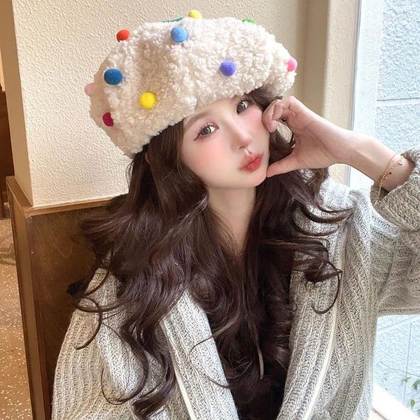 Bérets Automne Hiver Femmes Niche Jelly Bean Peluche Béret Chapeau Grand Motif Boules De Couleur Laine D'agneau Mignon Chaud Peintre Femme