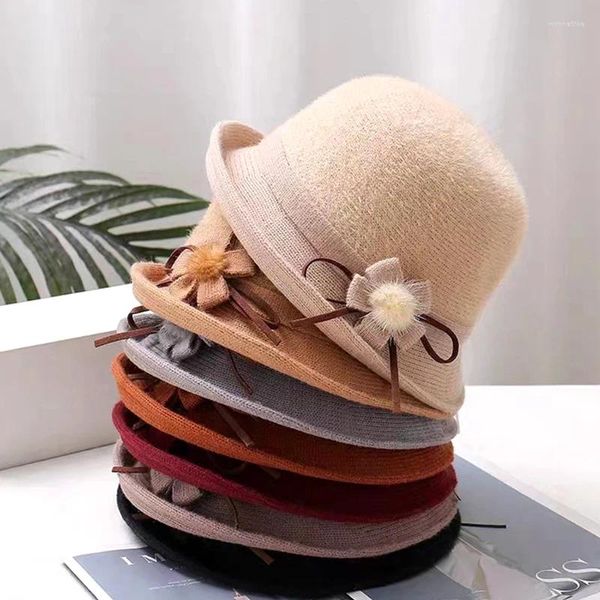 Bérets Automne Hiver Laine Tricoté Chapeau De Seau Avec Arc Pour Moyens Et Personnes Âgées Élégant Mode Couleur Unie Chapeaux De Pêche Cadeau En Gros