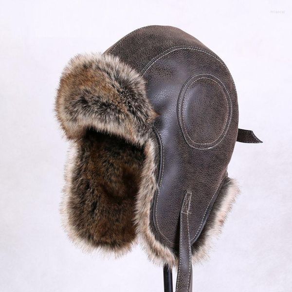 Bérets B-8430 unisexe Bomber chapeaux russe Ushanka casquettes hommes femmes fausse fourrure trappeur chapeau PU cuir coupe-vent oreillette chaud