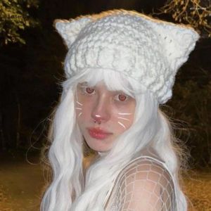 Bérets B36d Chaton blanc chapeau aux oreilles crochetées bonnet en tricot pour les filles y2k