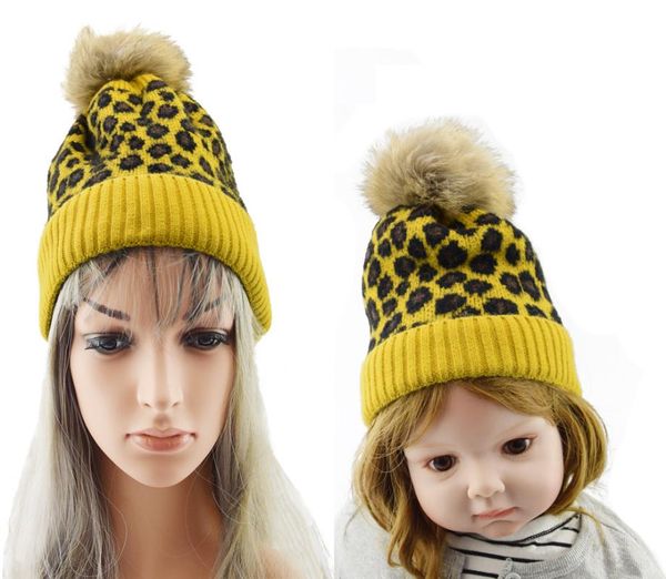 Bérets bébé boule haut imprimé léopard chapeau chaud tricoté enfants fille garçon automne hiver Bonnet couleur unie Parent-enfant enfants Beanie Cap