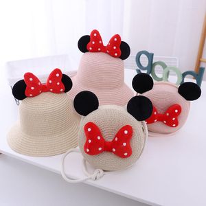 Bérets bébé dessin animé joli chapeau de paille avec oreille de souris été 2 pièces ensemble chapeaux de soleil et sacs enfant enfants plage fête visière casquette