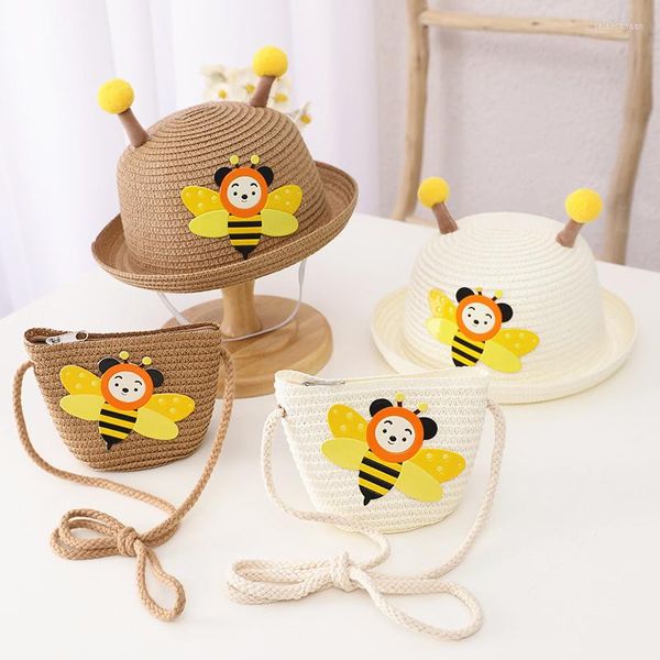 Bérets bébé enfants mignon casquette d'été avec sac casquettes de plage chapeaux de protection solaire en plein air soleil garçon filles abeille chapeau de paille animal