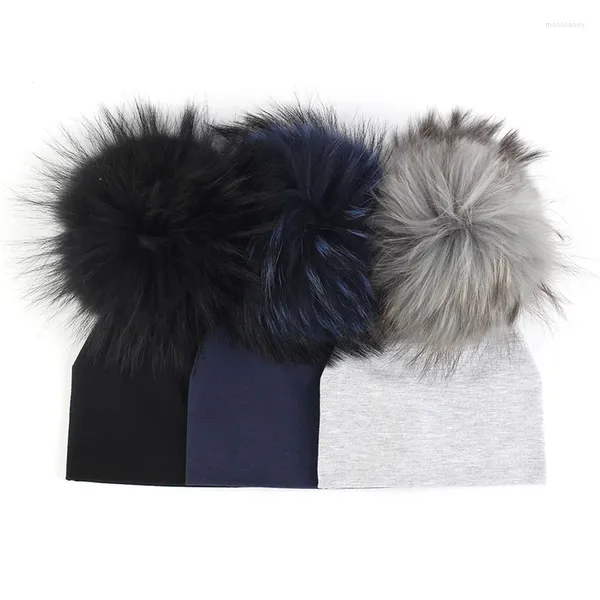 Bérets bébé filles garçons coton doux chapeau Enfant en bas âge enfants mode bonnets chapeaux casquettes avec 15 cm véritable pompon de fourrure