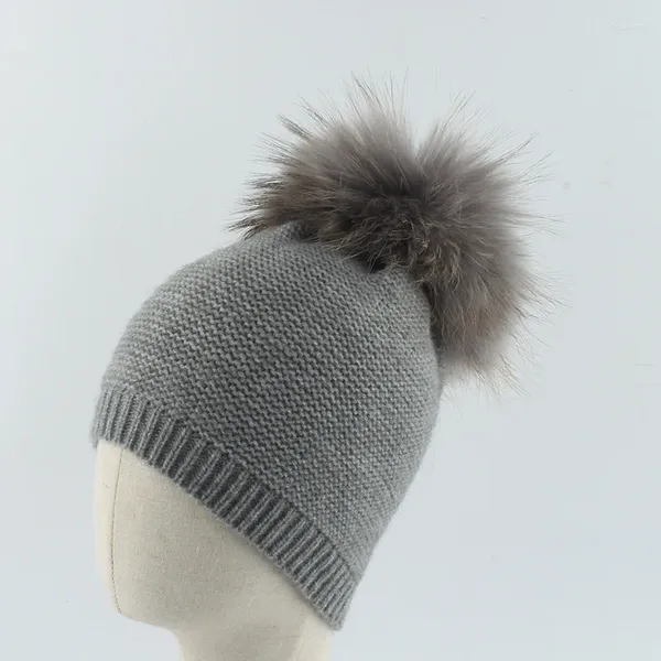 Boinas Gorro de bebé Pompón Invierno Niño Niña Angora Gorro de punto Real Piel de mapache Otoño Cálido Accesorio de esquí al aire libre para niños