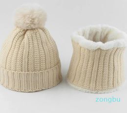 Bérets bébé chapeau écharpe ensemble hiver chaud garçons filles cou col pompon bonnets pour enfants enfants doublure polaire chapeaux tricotés