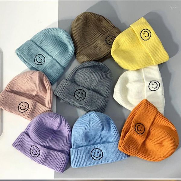 Boinas Sombrero de bebé Color sólido Otoño e invierno Dibujos animados Sonrisa Bordado Niños Sombreros de punto Niños Gorros cálidos para bebés