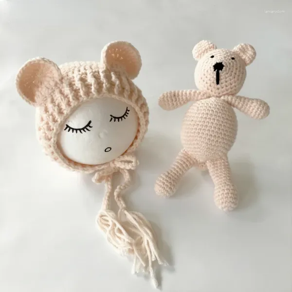 Boinas Gorros de punto para bebé con orejas, conjunto de juguetes de oso para niñas y niños, disfraces de punto de ganchillo, gorros, regalos bonitos para accesorios de pografía