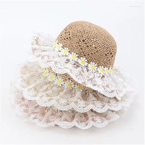 Beretten Baby Princess Raffia Straw Hat Zomer Adem Holiday Beach Panama Caps Gorros Kind kind Girl Lace Bloem Zon