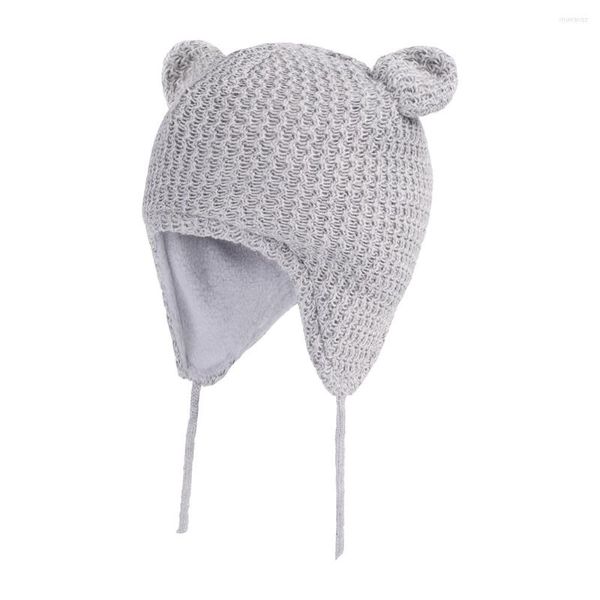 Boinas bebé invierno cálido sombrero con orejeras para niños niñas bebé niño pequeño Color sólido tejido orejas bonitas forro polar correas de barbilla gorro de calavera