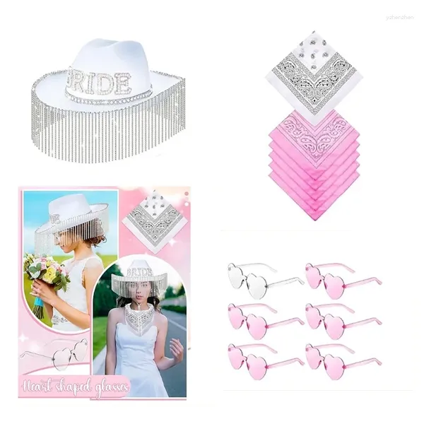 Boinas Bachelorette Cowgirl Hats Set Incluye gafas de sol de corazón de novia y pañuelos Accesorios para fiestas nupciales