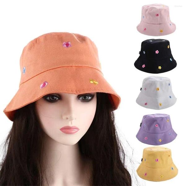 Boinas Playa Verano Flor Bordado Algodón Para Mujeres Sun Cap Protección Bucket Hat Visor