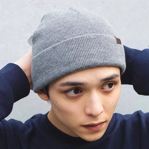 Bérets Bonnet Avec Étiquette En Cuir Pour Hommes Et Femmes Doux Quotidien Tricot Chaud Chapeau D'hiver 8 Couleurs Casquette Crâne