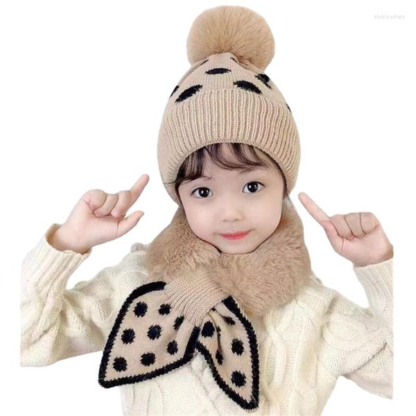 Gorros de boinas de invierno para niños, gorro de niña con estampado de puntos, gorro de punto grueso para exteriores para niños, bufanda, conjunto de cubierta de cabeza para niños pequeños