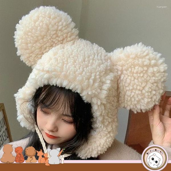 Boinas Orejas de oso Sombrero de talla grande Mujer Animal de peluche Invierno Espesar Gorro de bombardero cálido con gorros mullidos Kawaii grandes T130