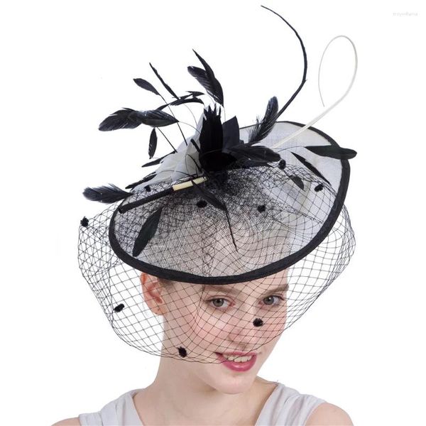 Bérets Beige Mariage Fascinator Chapeau Fedora Chapeaux De Cocktail De Mariée Avec Plume Pour Les Courses Voiles De Fête Casque