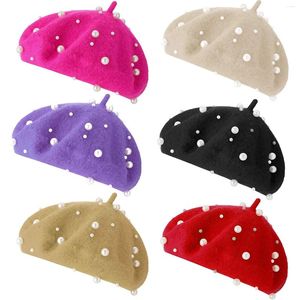 Bérets béret chapeau femmes filles princesse perle laine plaine bonnet coton casquette automne hiver chaud laine rue chapeaux casquettes