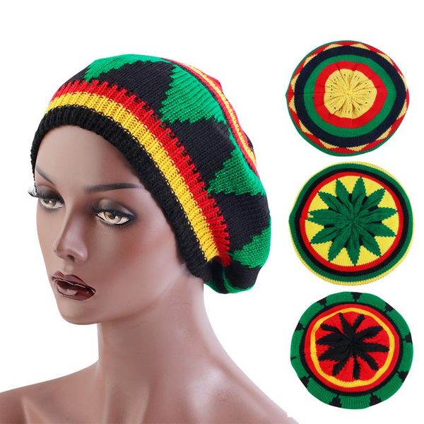Boinas Boina Gorro de punto para hombres Mujeres Jamaica Rasta Knit Beanie Hat 2022 Invierno Multicolor Hojas Hip Hop Moda HaircoverBerets
