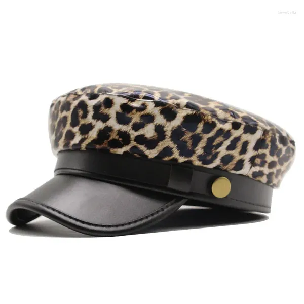 Boinas Boina Leopardo Sombrero Mujer Otoño/Invierno Señoras Cuero Boina Feminina Gorras Hueso Vintage Inglaterra Negro