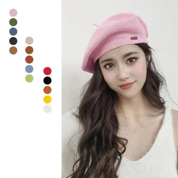 Bérets Béret Femmes Chapeau Été Printemps Mode Casual Respirant Coton Fil Tricoté Peintre Casquette Couleur Unie Étiquette En Cuir Gorros