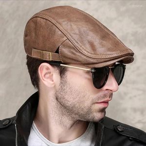 Bérets Bérets 2023 Hommes Street Bonnet En Cuir Véritable Béret Haut En Cuir De Vachette Mâle Chapeaux Minces 55-60 cm Casquette Avant Réglable Loisirs Bec De Canard Chapeau En Cuir Pour Hommes Chapeau De Mode