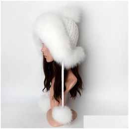 Bérets Bérets Chapeau De Fourrure Femmes Hiver Tricoté Au Chaud Garder La Protection Des Oreilles À Lacets Livraison Directe Accessoires De Mode Chapeaux, Foulards G Dhgarden Dhnyf