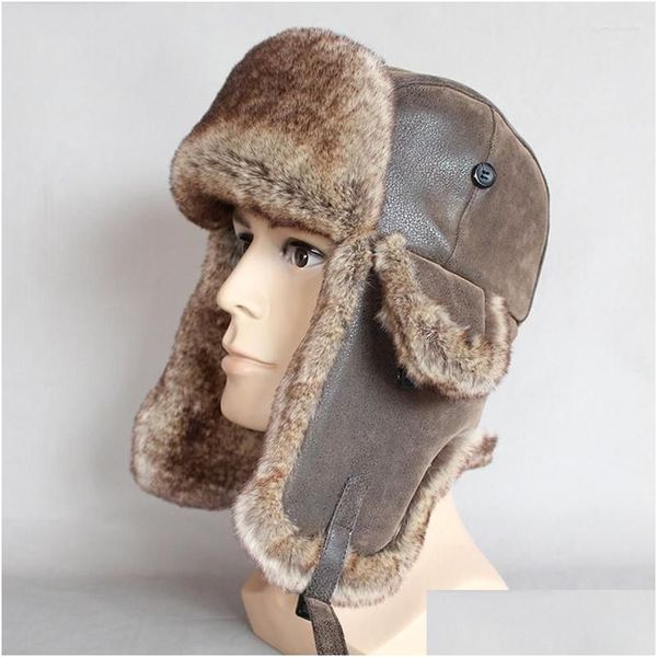 Bérets Bérets Hiver Hommes Chapeau Russe Pu Cuir Bouchons D'oreille En Fourrure Chaud Avec Cap Drop Livraison Accessoires De Mode Chapeaux, Foulards Gants Ha Dhovw