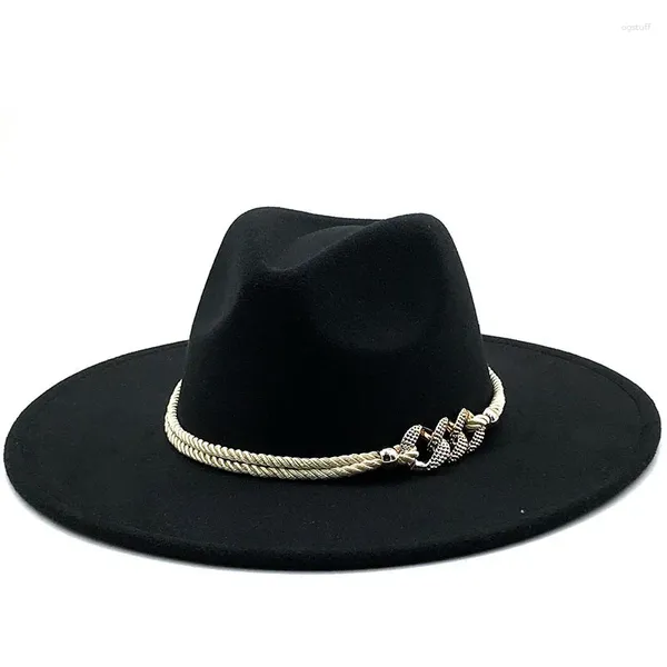 Bérets Big Noir / Blanc Large Bord Simple Top Hat Panama Solide Feutre Fedoras Pour Hommes Femmes Laine Artificielle Mélange Jazz Cap