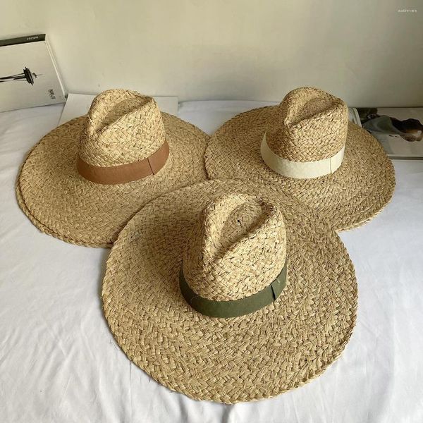 Bérets à grands bords Jazz haut raphia chapeau de paille femmes fait à la main été britannique rétro crème solaire pliable plage