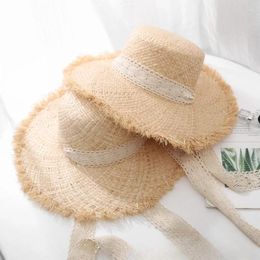 BERETS Big Brimd Seaside Sun Hat Summer Protection Vacation Beach Vacation Small Fresh Strap Lafite Straw Femme