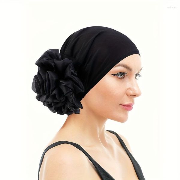 Boinas Sombreros de turbante elásticos de flores grandes Gorro negro Bufanda para la cabeza Envoltura Gorro de quimio Sombrero para mujer Gorros para el cabello casuales Gorros Hijab