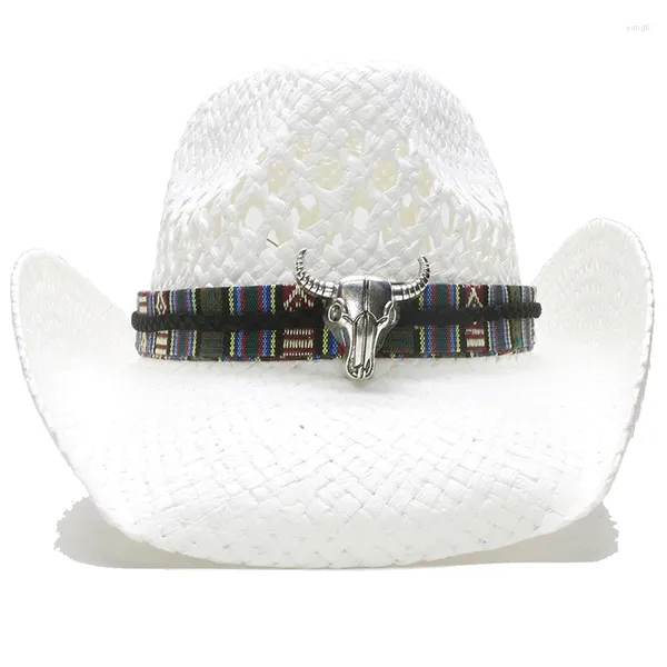 Bérets Big Ox Head Belt Évidé Femmes Hommes Unisexe Rétro Raphia Paille Large Bord Plage Cowboy Cowgirl Western Chapeau de Soleil (58 cm)