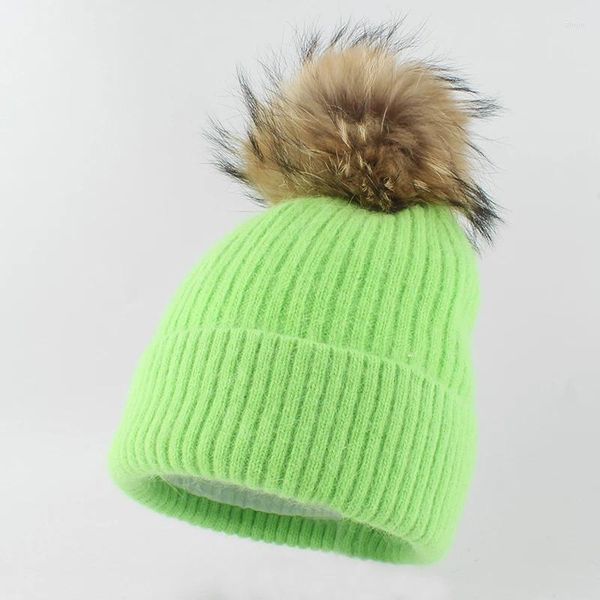 Boinas Big Real Fur Pompom Beanie Sombrero de punto Gorro de invierno Forro polar Cálido Skullies Gorros para mujeres Hombres Bonnet