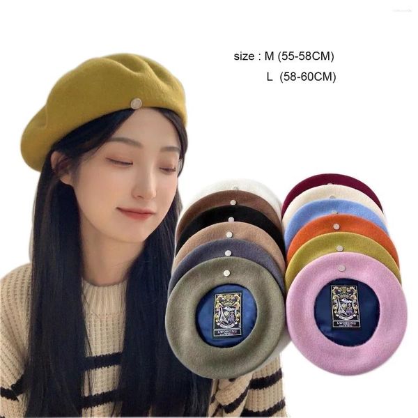 Boinas Sombrero de boina de lana de gran tamaño Mujeres Invierno Chicas francesas Sólido Satén Forrado Sombreros de otoño para gorra plana Fieltro