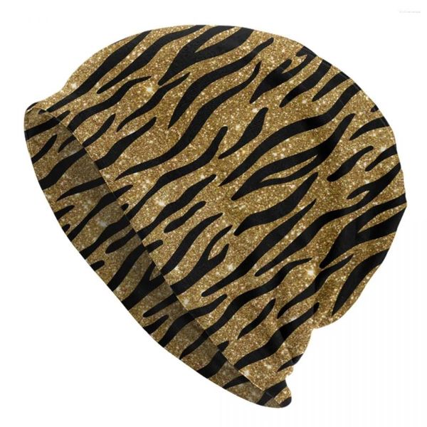 Bérets Noir et Or Glitter Tiger Bonnet Chapeaux Tricot Automne Skullies Bonnets Hommes Femmes Chaud Thermique Élastique Casquettes