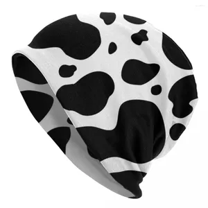 Bérets Noir et Blanc Vache Imprimer Bonnet Chapeaux Spots Cool Caps Unisexe Adulte Extérieur Tricoté Chapeau Automne Motif Élastique