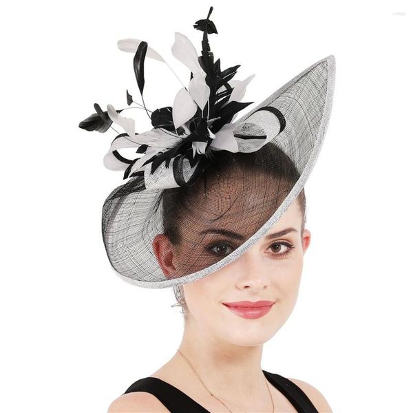 Bérets Chapeau De Cocktail Noir Avec Plume Fleur Chapellerie Blanc Fascinator Accessoires De Cheveux Occasion De Mariage 21Colors Select