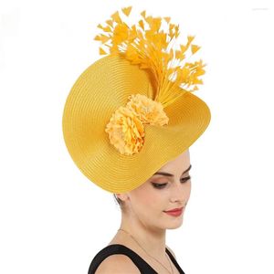 Boinas Tocados negros Sombrero amarillo nupcial Diademas con flores Accesorios para el cabello Boda Fedora Evento de carrera Sombreros florales