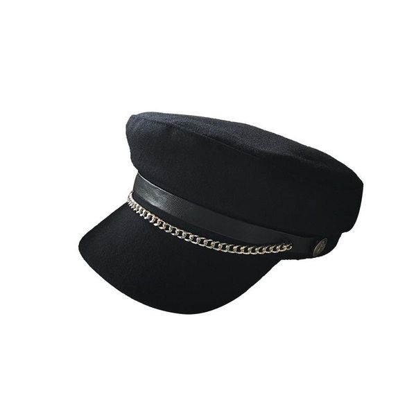 Bérets noir à la mode militaire chapeaux femmes Marine Cadet chaîne dorée plat en cuir Pu haut printemps automne dames garçons CapBérets