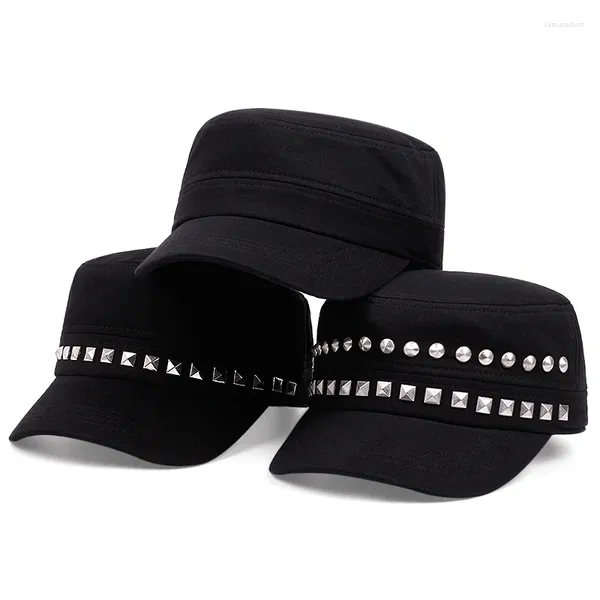 Bérets casquette plate noire, accessoires tactiques militaires, chapeau de Baseball, Design à rivets pour hommes, casquettes originales en coton Gorras