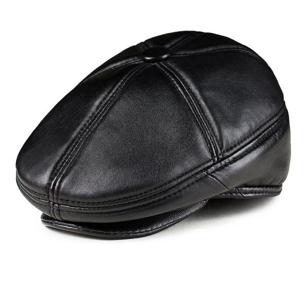 Bérets noir cuir naturel béret pour hommes femmes automne hiver épais chaud véritable peau de mouton Cabbie casquette chapeau plat chapeaubérets