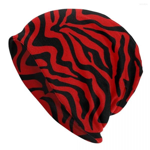 Boinas Negro Rojo Zebra Stripe Beanie Sombreros Animal Print Novedad Sombrero de punto Gimnasio Elástico Unisex Gorras Otoño Gráfico Street Bonnet